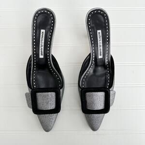 Manolo Blahnik Maysale Mule Silver Glitter Black Buckle Kitten Heel 50mm 37